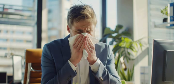 Sick exhausted caucasian man employee sneezing blow nose with tissue, suffers from influenza virus in workplace in the office