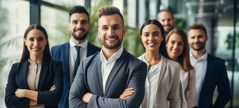 Portrait of happy group business people standing together in the office, happy colleagues in suit looking at camera