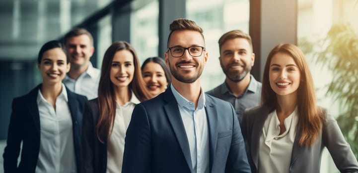 Portrait of happy group business people standing together in the office, happy colleagues in suit looking at camera