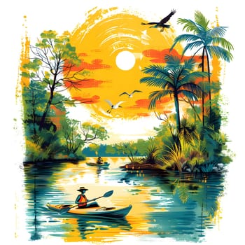 A beautiful painting depicting a person in a kayak paddling down a river surrounded by lush natural landscape, with trees, plants, and branches in the background
