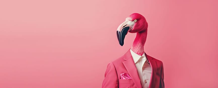 Portrait of stylish flamingo bird in a suit looking at the camera on a pink background, animal, creative concept