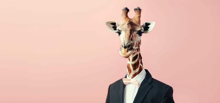 Portrait of stylish funny giraffe in a suit looking at the camera on a pink background, animal, creative concept