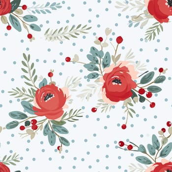 Seamless pattern, tileable Christmas holiday floral, country flowers dots print, English countryside roses for wallpaper, wrapping paper, scrapbook, fabric and product design motif