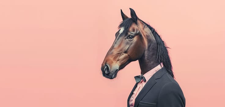 Portrait of stylish horse in a business suit looking away on a pink background, animal, creative concept