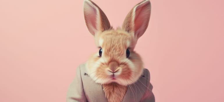 Cute funny bunny in a suit looking at the camera on a pink background, animal, creative concept
