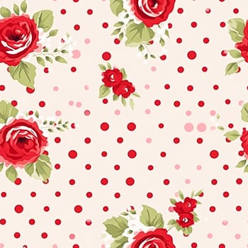 Seamless pattern, tileable floral country holiday print with roses, dots and flowers for wallpaper, wrapping paper, scrapbook, fabric and polka dot roses product design idea