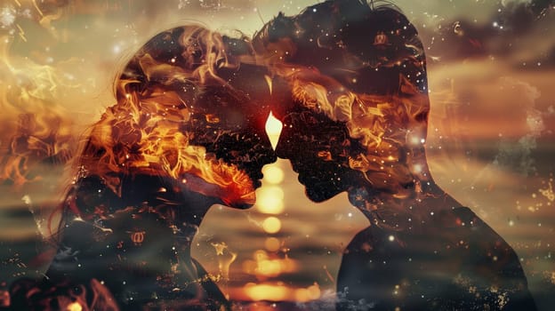 Double exposure portrait profile of couple, woman and man with fire and water element, relationship concept