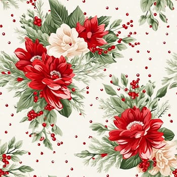 Seamless pattern, tileable Christmas holiday floral, country flowers dots print, English countryside roses for wallpaper, wrapping paper, scrapbook, fabric and product design motif