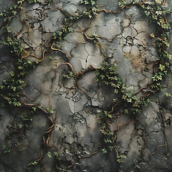 A closeup of bedrock with ivy, a terrestrial plant, growing on it. Ivys nonvascular land plant nature thrives on rock, soil, and water, creating a beautiful pattern as groundcover