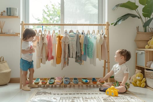 Two young boys are looking at a clothes rack in a room. The clothes are neatly hung on the rack, and there are several baskets and a potted plant in the room. Scene is playful and curious