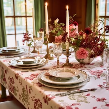 Autumnal holiday tablescape, formal dinner table setting, classic festive table scape with decoration for wedding party and event celebration, post-processed, generative ai