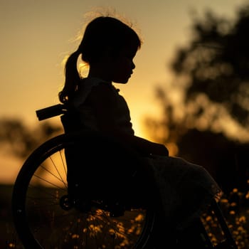 Profile view silhouette of a young girl -in a wheelchair in nature at sunset.