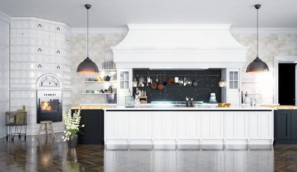 Beautiful luxury home kitchen with white cabinets. 3d render