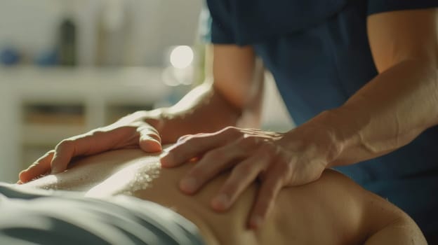 Close up of physical therapist massages a patient's back.