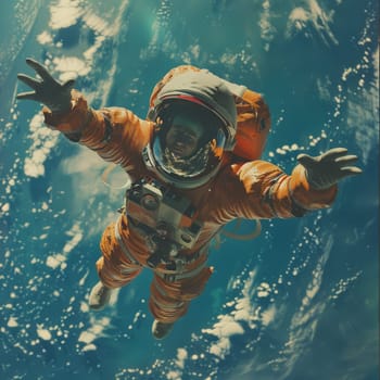 A man in an orange space suit is floating in space. Concept of adventure and exploration, as the man is reaching out to touch the water