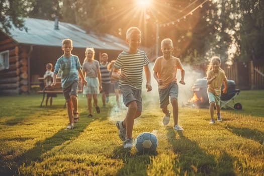 A group of children playing soccer in a yard. Scene is happy and energetic