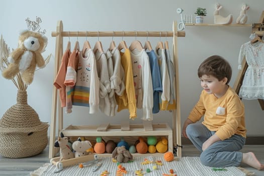 Two young boys are looking at a clothes rack in a room. The clothes are neatly hung on the rack, and there are several baskets and a potted plant in the room. Scene is playful and curious