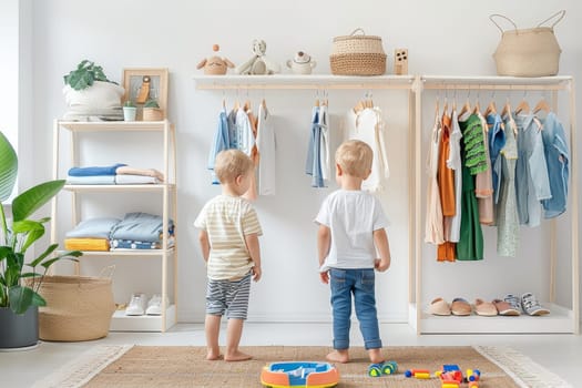 Two young boys are looking at a clothes rack in a room. The clothes are neatly hung on the rack, and there are several baskets and a potted plant in the room. Scene is playful and curious