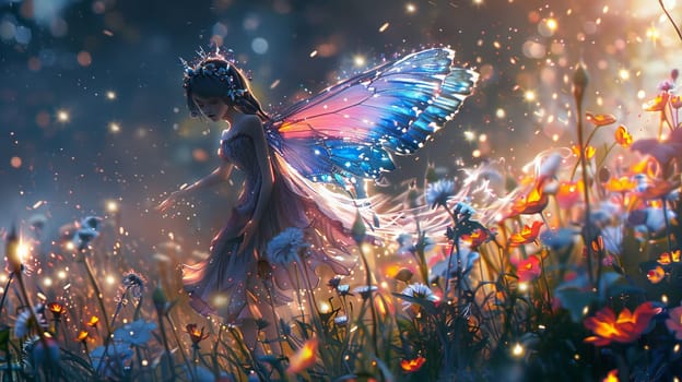 A fairy is walking through a field of flowers, with a butterfly following her. The scene is filled with bright colors and a sense of magic and wonder