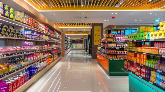 Shot of a empty aisle in a big supermarket full of products.