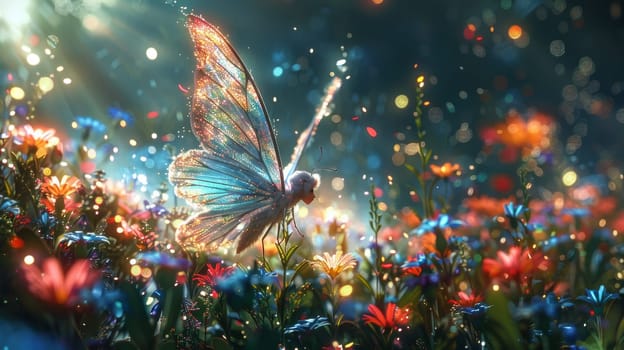 A fairy is walking through a field of flowers, with a butterfly following her. The scene is filled with bright colors and a sense of magic and wonder