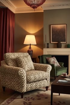 Modern classic sitting room decor, interior design and house improvement, living room furniture, armchair and home decor in English country house and elegant cottage style, post-processed, generative ai