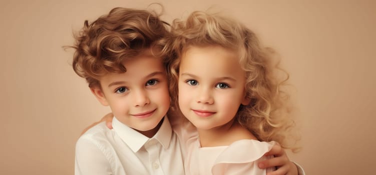 Beauty portrait of pretty little girl and boy, children looking at camera on beige background