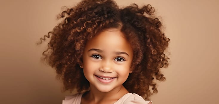 Beauty portrait of African pretty little girl child looking at camera on beige background