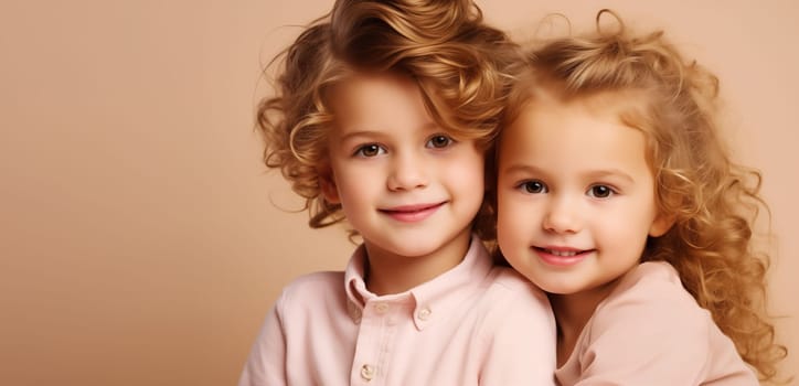 Beauty portrait of pretty little girl and boy, children looking at camera on beige background