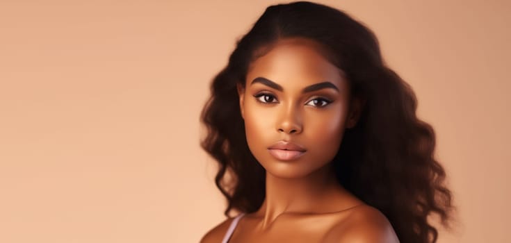 Beauty portrait of pretty young African woman with long hair, beautiful lovely model posing on brown studio background