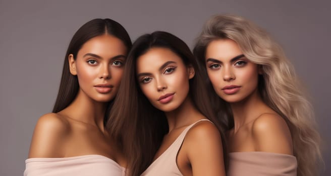 Beauty portrait of three diverse young women with clean healthy skin, beautiful lovely female models posing together on studio background