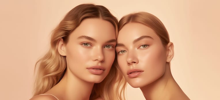 Beauty portrait of two young women with clean healthy skin, beautiful lovely female models posing together on studio background