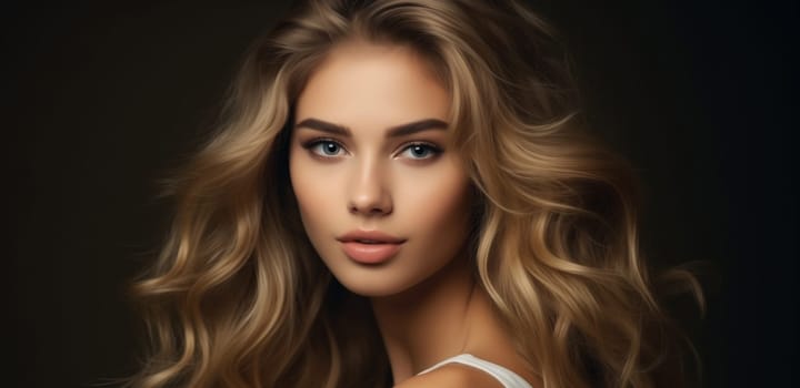 Beauty portrait of pretty young woman with curly hair, beautiful lovely model posing on studio background