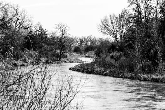 The Platte river in Nebraska flowing down black and white. High quality photo