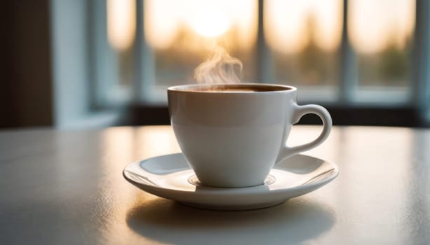 Morning Coffee: A white cup filled with steaming coffee rests on a clean white table, casting a subtle shadow. creating a serene morning scene