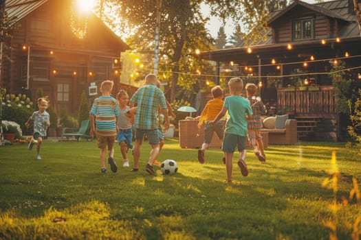 A group of children playing soccer in a yard. Scene is happy and energetic