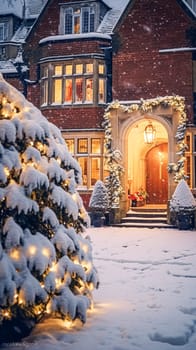 Christmas in the countryside manor, English country house mansion decorated for holidays on a snowy winter evening with snow and holiday lights, Merry Christmas and Happy Holidays design