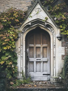 Entrance to a historic manor, framed by antique architectural elements and flanked by potted topiaries, features an aged door, the surrounding ivy and stonework add to the timeless elegance of the property