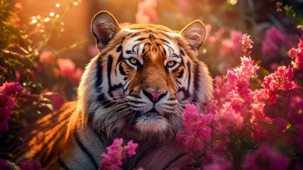 Cute, beautiful tiger in a field with flowers in nature, in sunny pink rays. Environmental protection, nature pollution problem, wild animals. Advertising for travel agency, pet store, veterinary clinic, phone screensaver, beautiful pictures, puzzles