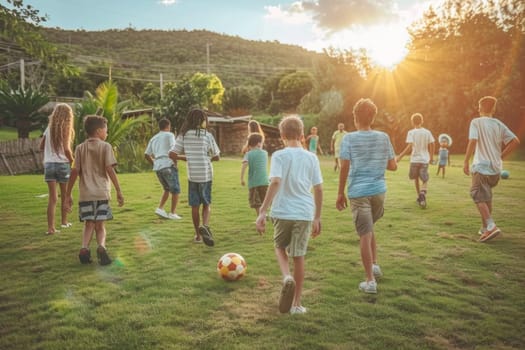 A group of children playing soccer in a yard. Scene is happy and energetic