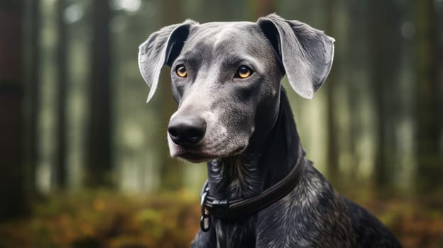 Big and cute gray dog. Advertising holidays for animals, travel agency, pet store, modern training and courses, animators, holiday goods, veterinary medicine, veterinary pharmacy.