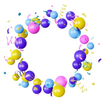 Vibrant round frame made of colorful balloons with festive ribbons and confetti, isolated on white background. Ideal for kids birthday cards, children party invitations. Copy space in the middle. 3D