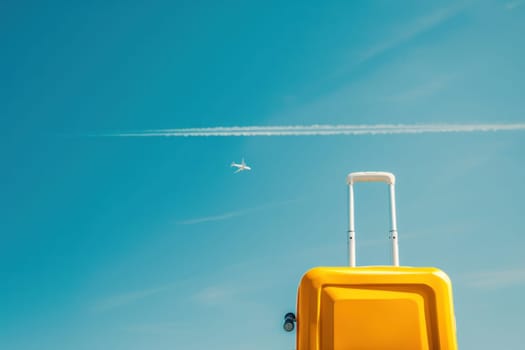 Travel in style with a sleek suitcase under a vibrant blue sky as a jet plane soars overhead