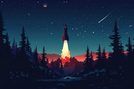Space exploration rocket launching into night sky over forest with trees, adventure, travel, flight, outer space, science