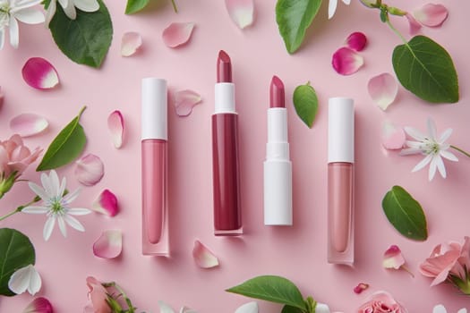 Lipsticks and flowers on pink background beauty and fashion concept for banco de imagens