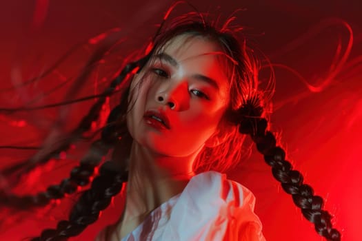 Asian woman with long braids standing in front of red light and background, travel fashion beauty concept