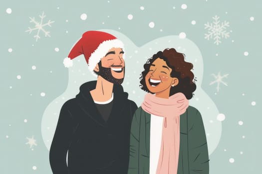 Cheerful man and woman in santa hats smiling at each other in festive holiday atmosphere
