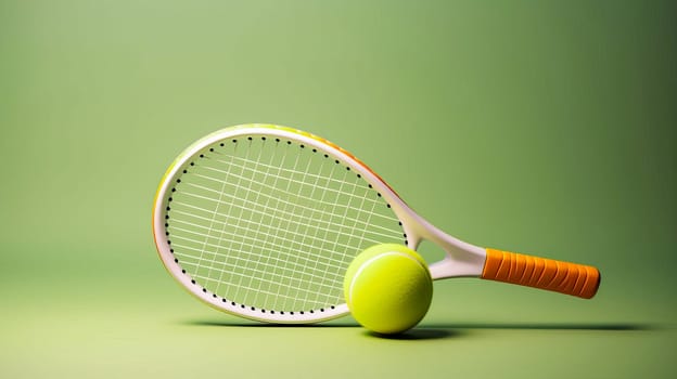 3d rendering a single tennis racquet lying with a yellow balls on white background. Tennis as sport. Tennis as hobby. Tennis classes. Playing sports, healthy lifestyle, physical activity, training, active lifestyle, competition, Preparation for big sports.