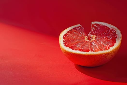 Grapefruit halves on red surface with bright light background for healthy eating and nutrition concept