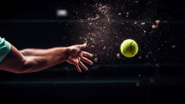 Athlete playing tennis. Young sportive man, professional tennis player in motion, action isolated over dark background in neon light. Concept of professional sport, competition, skills. Playing sports, healthy lifestyle, physical activity, training